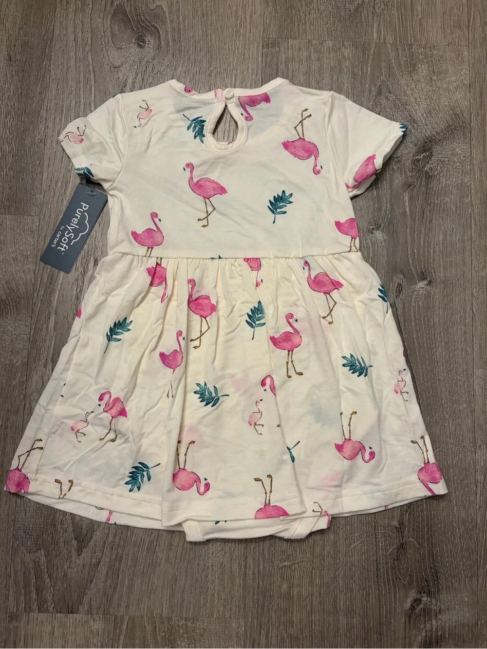Carter's Baby Girl Flamingo PurelySoft Short-Sleeve Bodysuit Dress - Ivory- NWT